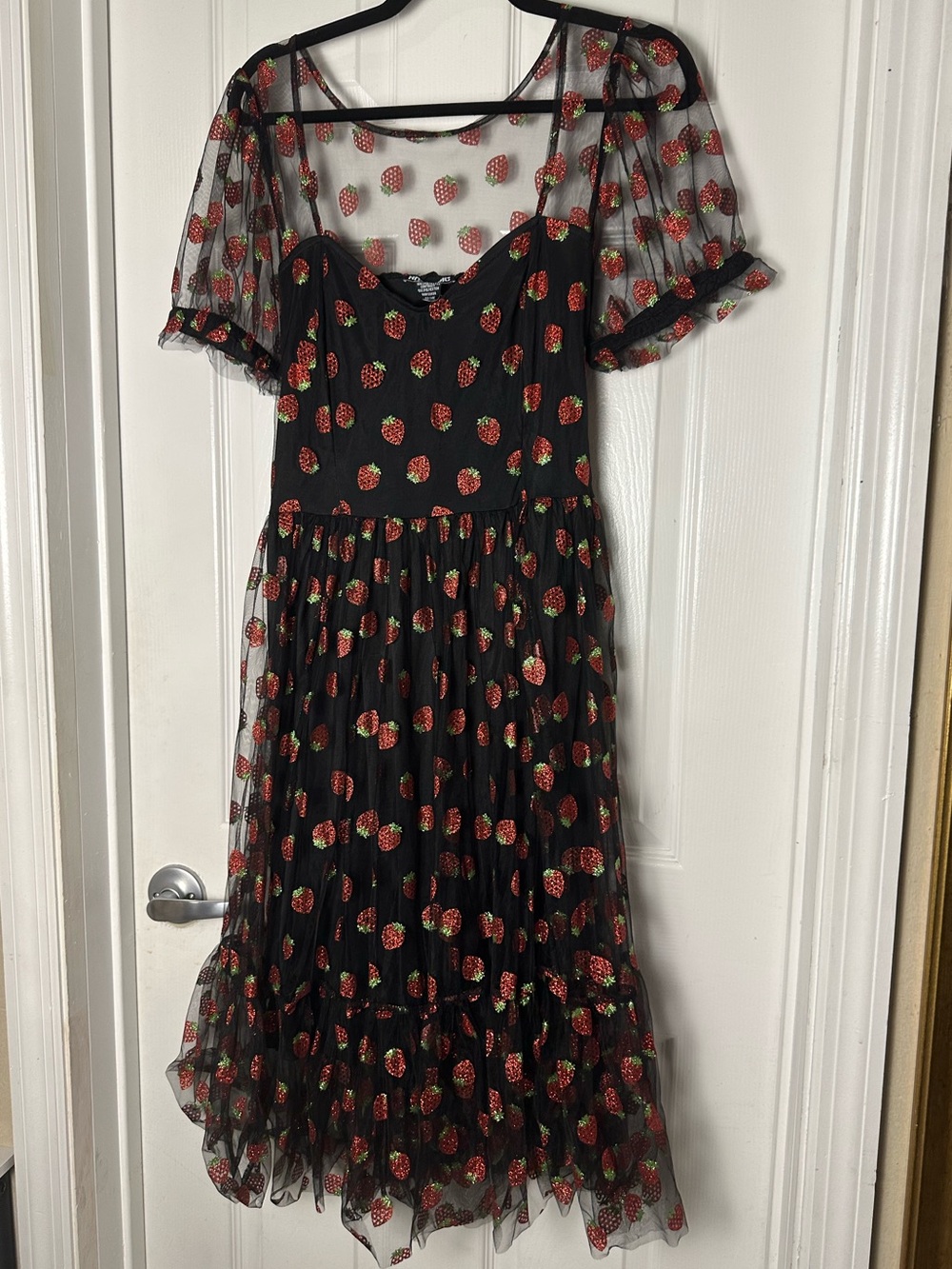 Hot Topic Black Mesh Strawberry Print Dress Size Large